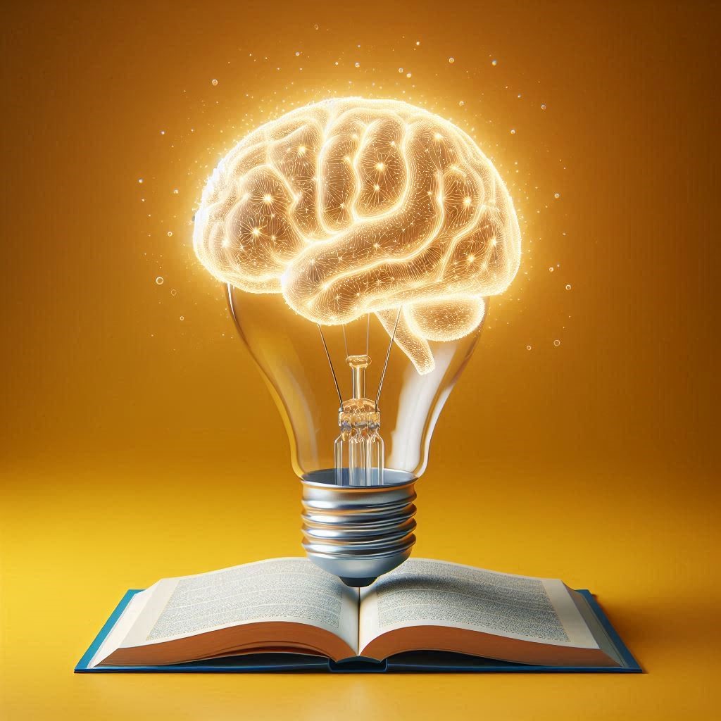 Lightbulb Brain hovering over a book